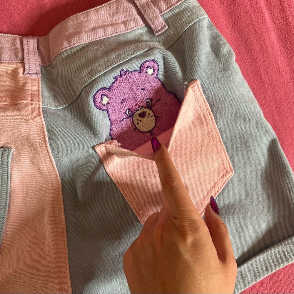 Dolls Kill Care Bears Colorblock Pastel Kawaii Denim Jean High Waist Shorts